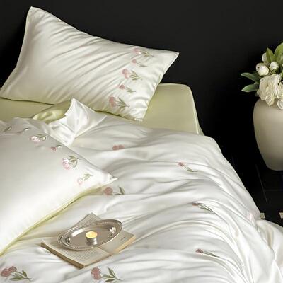 郁金香80单支精天四件丝套花卉刺绣夏季凉爽PMB冰兰丝裸睡床床笠1