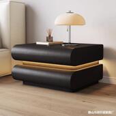 皮卧室家用网红奶油带白色灯床头柜色 质黑实木床边收纳储物 意式