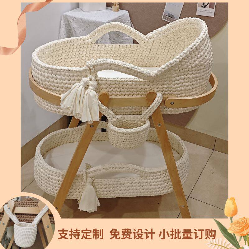 跨境手工钩针摩西摇篮手提框棉绳编织婴儿床布条编织新生儿手提篮
