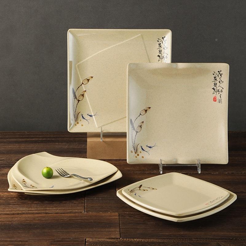 仿10装瓷塑碟料子四方个翘脚快餐盘饭店炒菜盖浇饭盘商用密胺NZJ