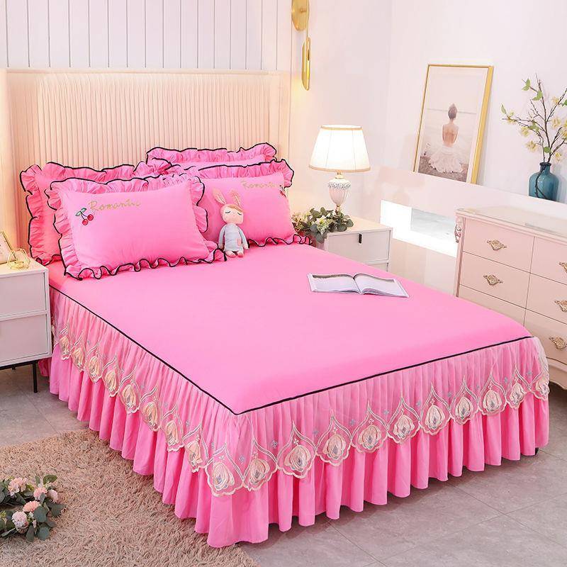 蕾丝裙单床欧式公主风四季款磨毛护床罩QOF床单件床垫防滑保套防