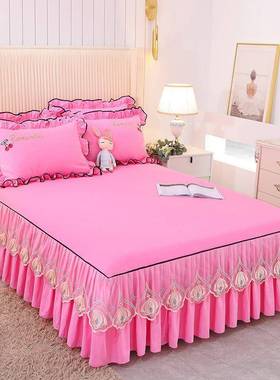 蕾丝裙单床欧式公主风四季款磨毛护床罩QOF床单件床垫防滑保套防