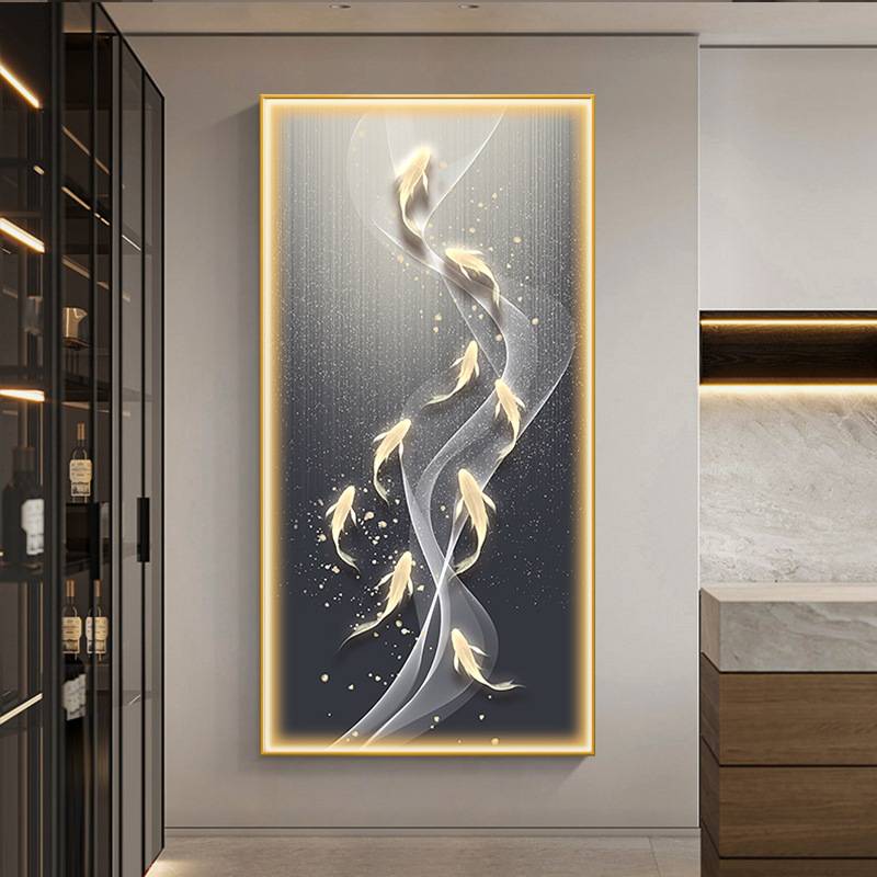 九鱼图入户玄关装饰画灯画现代轻奢客厅走廊过道壁画高档抽象挂画图片