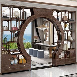 家中式实木月洞TSK门博古架多宝阁弧圆月亮形门门客厅隔断菠萝格