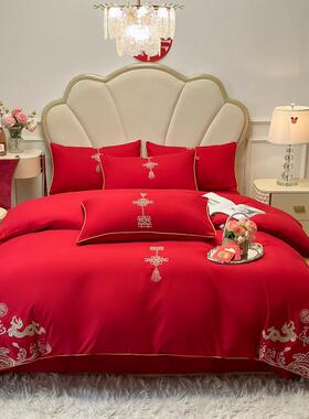 亲肤水洗棉加厚毛婚刺绣四件套23812LMJ大红结婚磨套款四件套被床