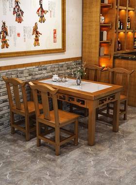 实木饭店餐饭桌长方形烤24712店桌新中式面馆桌烧餐店小吃店桌椅