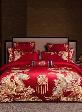 23807HFT婚庆14支长0绒棉四件套刺全棉缎提花绣结贡婚床品十件套