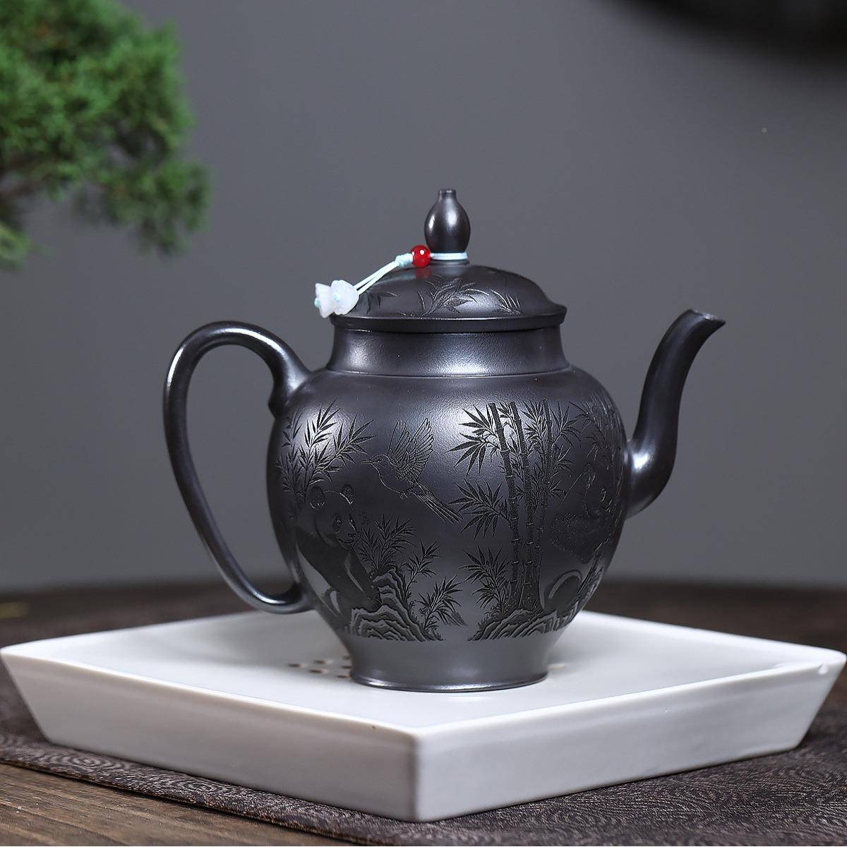 爆款大容量宜兴紫砂壶匠手宫工人制作具满刻熊ZHIFU-80猫灯家用茶