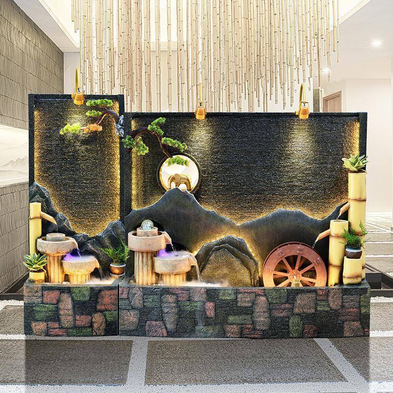 大屏型幕墙玄关流水景观隔断造风酒2102店餐厅庭院假山瀑布喷水泉