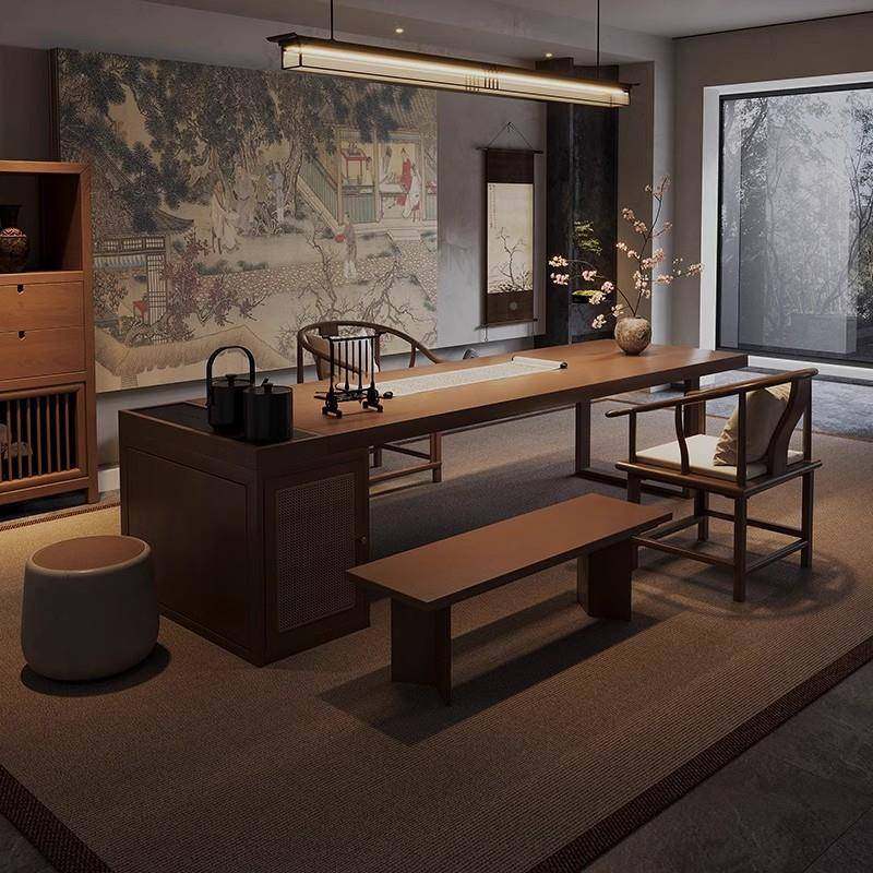 实木宋代学家用茶桌DTS书一体两桌美新中式多功能办公泡用茶台