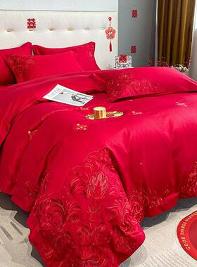10S婚庆四件大红色棉FS757405欧被罩床单式陪嫁套结婚床上0用jω