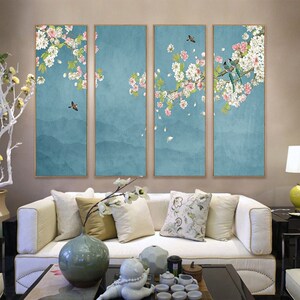 新中式客a厅装饰画竖版玄关壁画四条屏画餐厅挂画茶室墙画工笔花