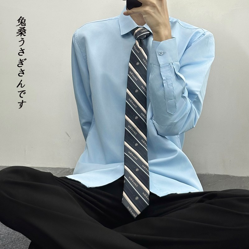 2024新款男士天蓝色休闲长袖纯色衬衫工作N服青少年学生学院风衬
