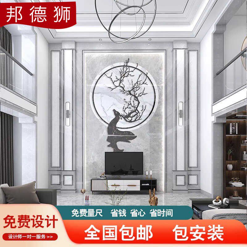 别墅挑空客厅复式楼岩板电视背景墙现代仿大N理石瓷砖楼中楼新中
