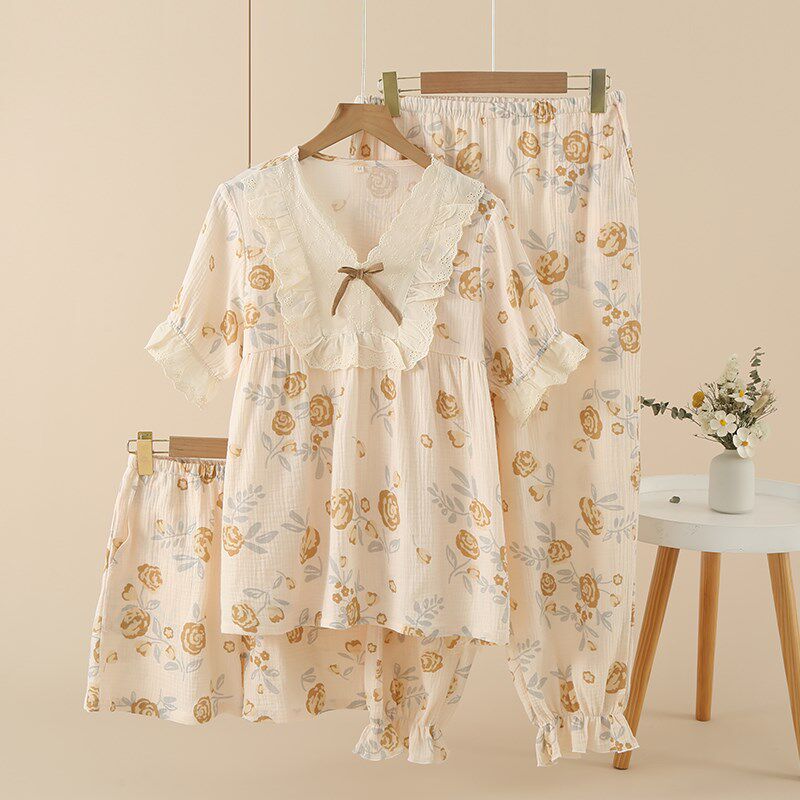 甜美三件套睡衣女款夏季短袖纯棉纱布薄款春秋家居服套装少女学生