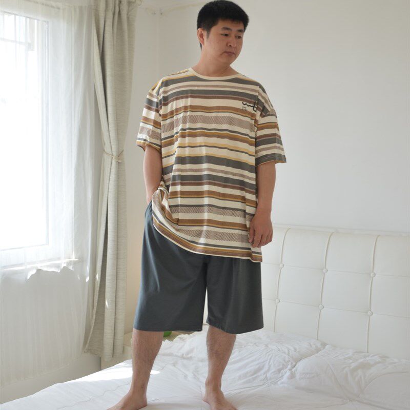 300斤超肥加大码短袖短裤睡衣男夏季针织纯棉圆领条纹休闲家居服