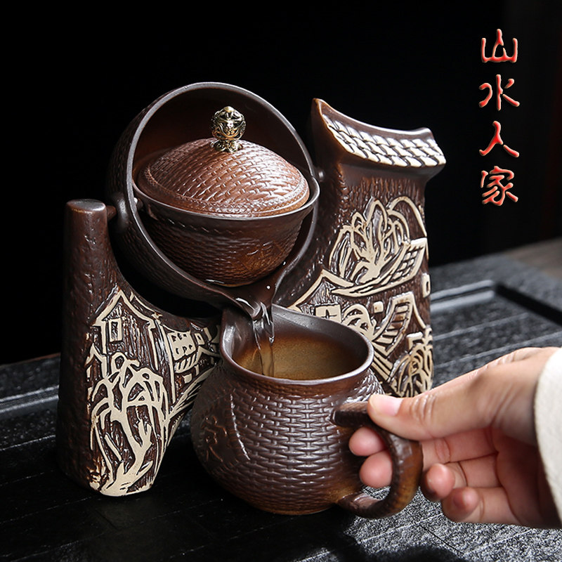 功夫茶具套装家用紫砂茶壶茶杯时来运转磨盘懒P人全自动石磨泡茶