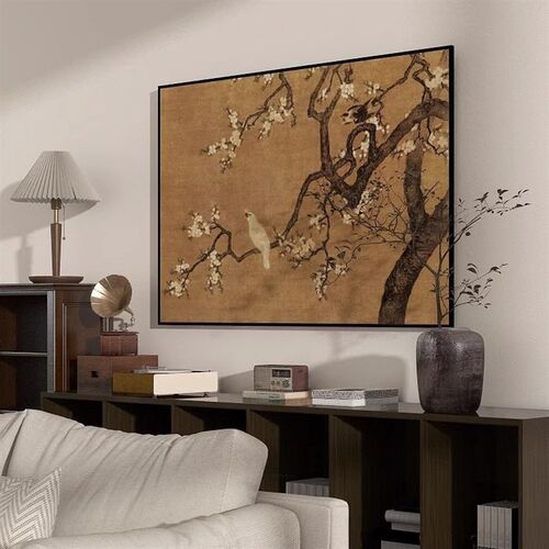 杏花双雉图法式中古客厅装饰画B新中式横幅挂画南洋风餐厅壁画