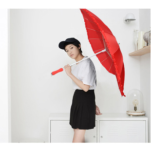 大红色新娘伞花边心形长柄婚伞手动雨H伞婚庆新娘结婚道具喜庆婚