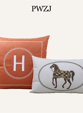抱枕轻奢客厅沙发靠垫爱马橙色科技布刺绣靠枕家用方枕床头腰枕套