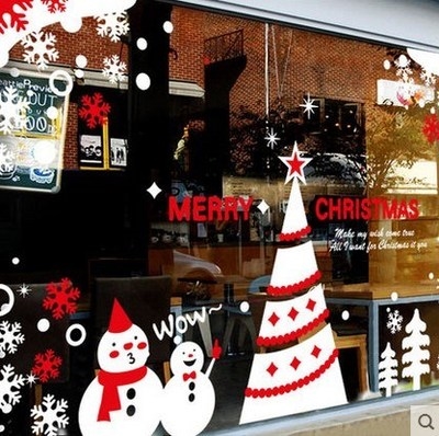 大型2020新款墙贴圣诞节雪z人对角花酒店商场店铺玻璃橱窗贴纸