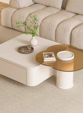 奶风方形岩板茶27311几小户型简约厅现油代轻奢花朵玻璃边用几客