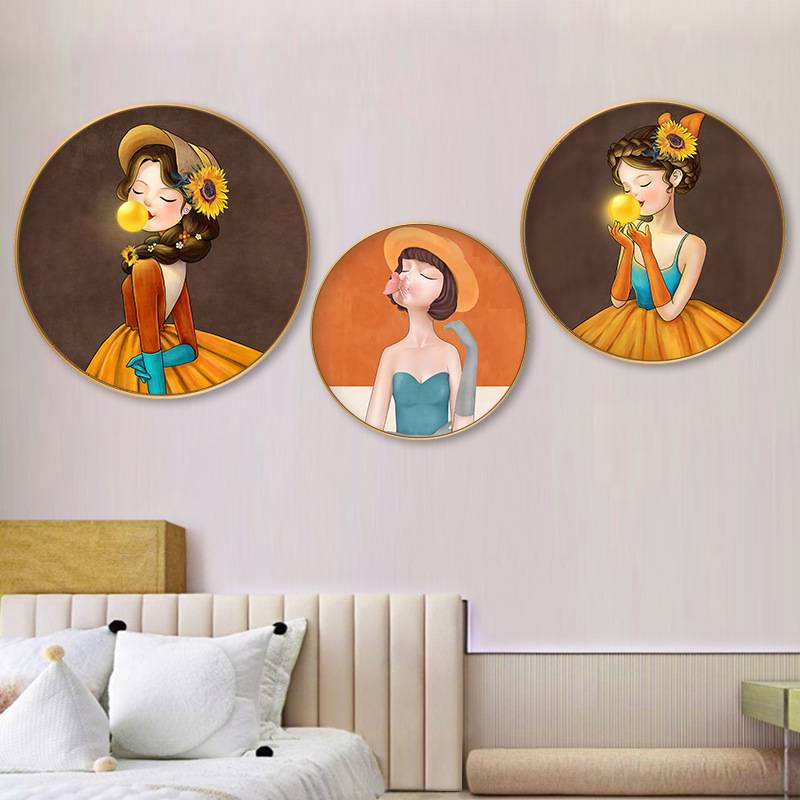 轻奢儿童房装饰画圆形公主女孩卡通房间卧室温馨可爱装饰挂画图片