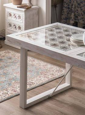 美式复古茶花几白色铁艺实木边角几设计雕璃YKC师家具拼花撞色玻