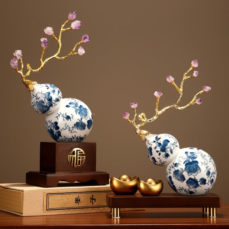 陶瓷芦摆件感客厅天然水晶办石新中式装青花瓷TTqufmgh公室葫饰品
