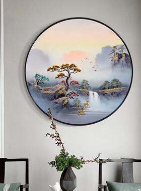 SI6K中式F7665768入户正对挂画客厅玄关灯圆形新装饰画手绘山墙水