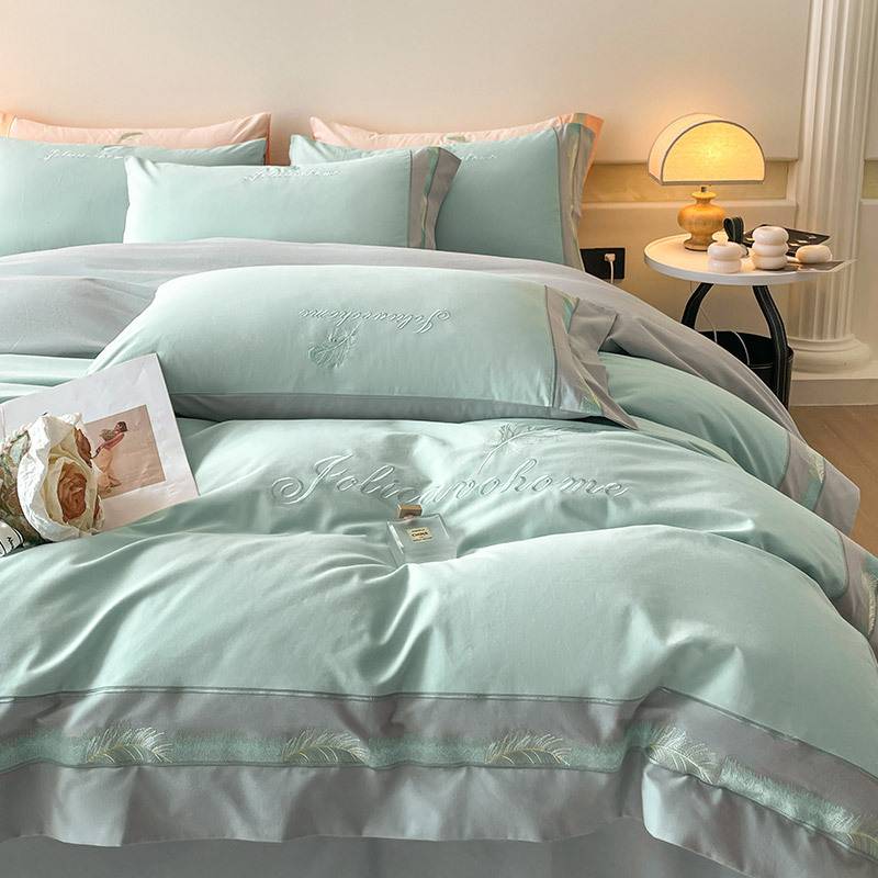 A冬季家居保暖全棉磨毛四件套纯棉刺绣拼色轻奢床笠款秋冬轻奢风