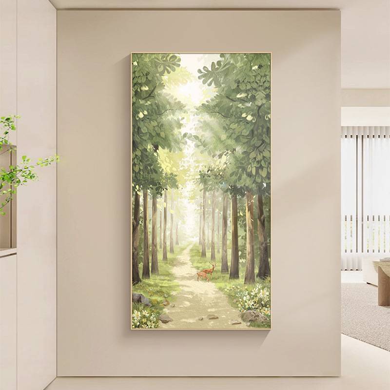 麋鹿玄关装饰画竖版过道挂画走廊尽头壁画奶油风空间感森林风景画图片
