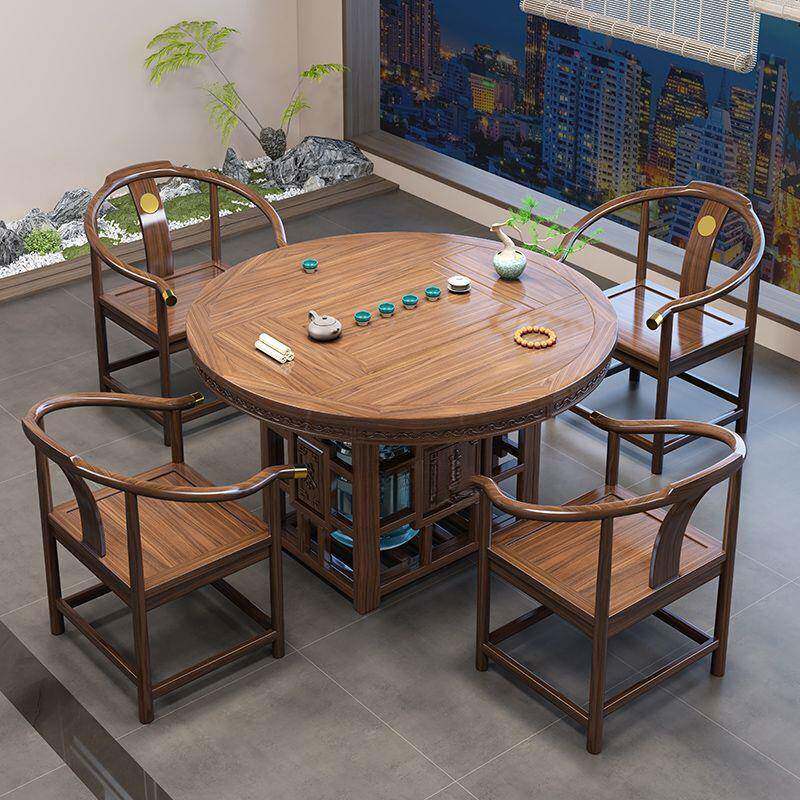 圆形中实木桌椅合式茶台餐桌两IZY用泡家用茶组茶几茶桌一体一整