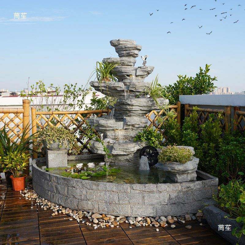 外鱼造公景司酒店大堂假山流水喷泉别墅庭户院IOR阳池台布置装饰