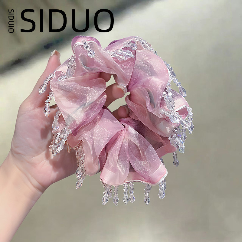 粉色晕染欧根纱手工串珠水晶大肠发圈女扎头发丸子头发绳头花发饰