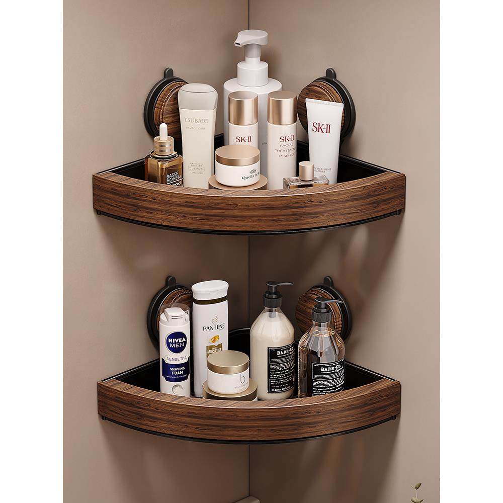 胡桃木吸盘卫生间置物架免打孔浴室淋浴房洗手间洗漱台三角收纳架