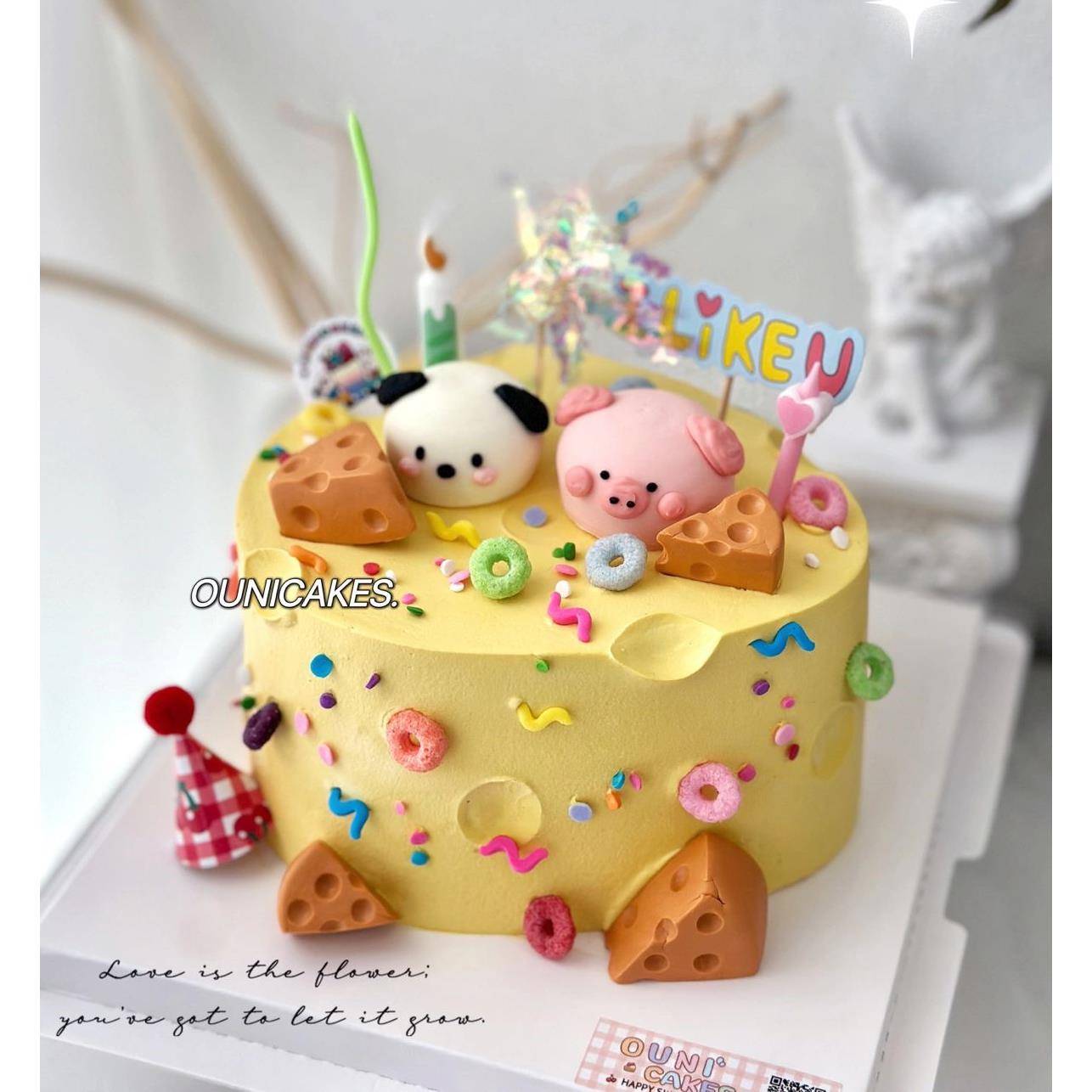 网红奶酪蛋糕装饰品摆件卡通可爱小猪小狗摆件蜡烛HB彩旗插牌插件