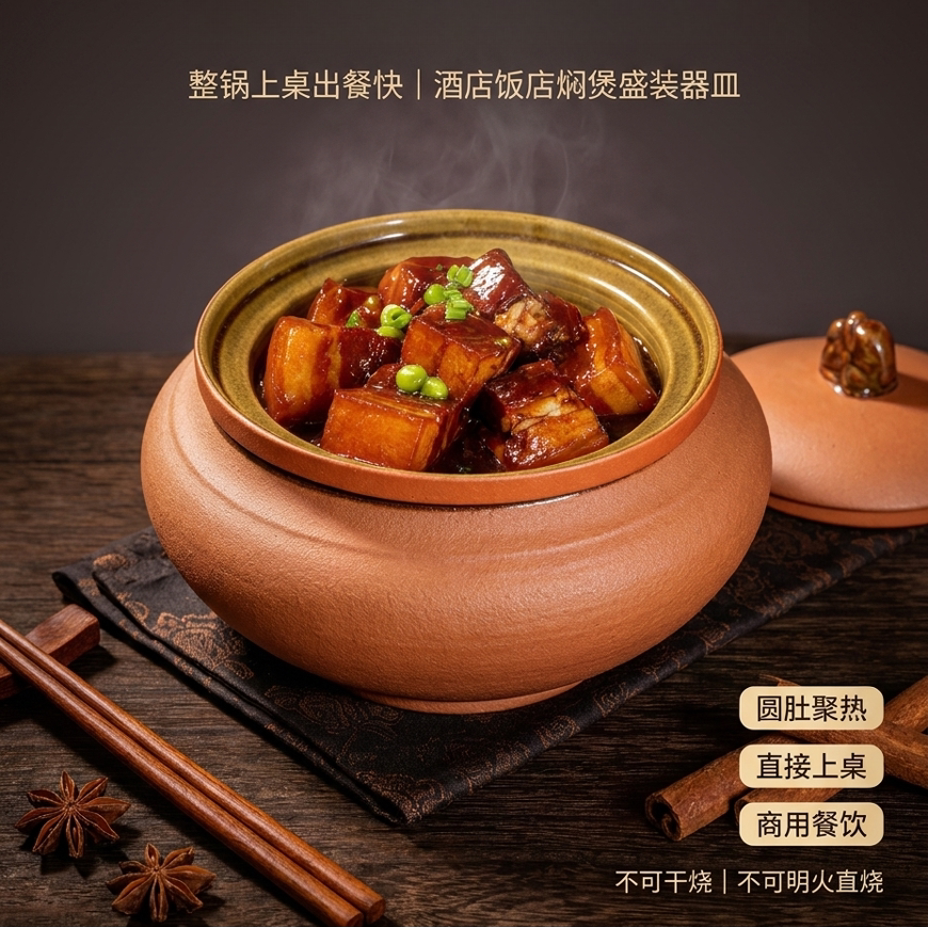 新款复古陶土圆形东坡肉罐特色红烧肉创意狮子头餐具酒店餐厅商用