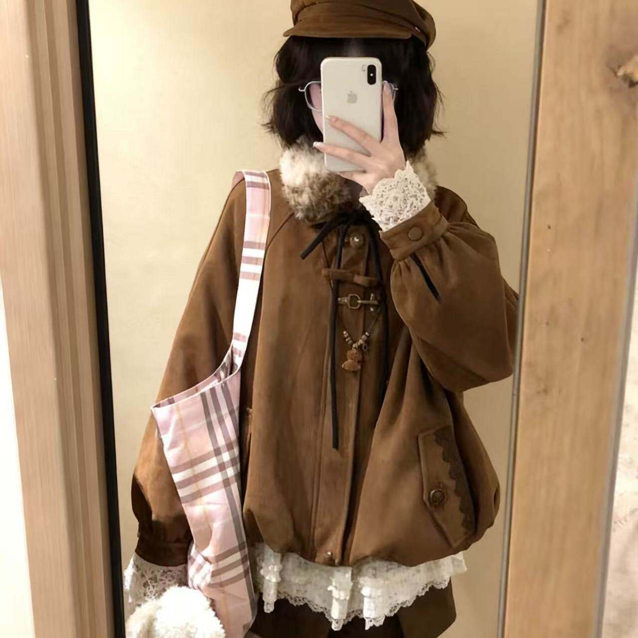 甜美风套装花苞铺棉外套女秋冬季毛领小个子皮毛一体保暖夹克上衣