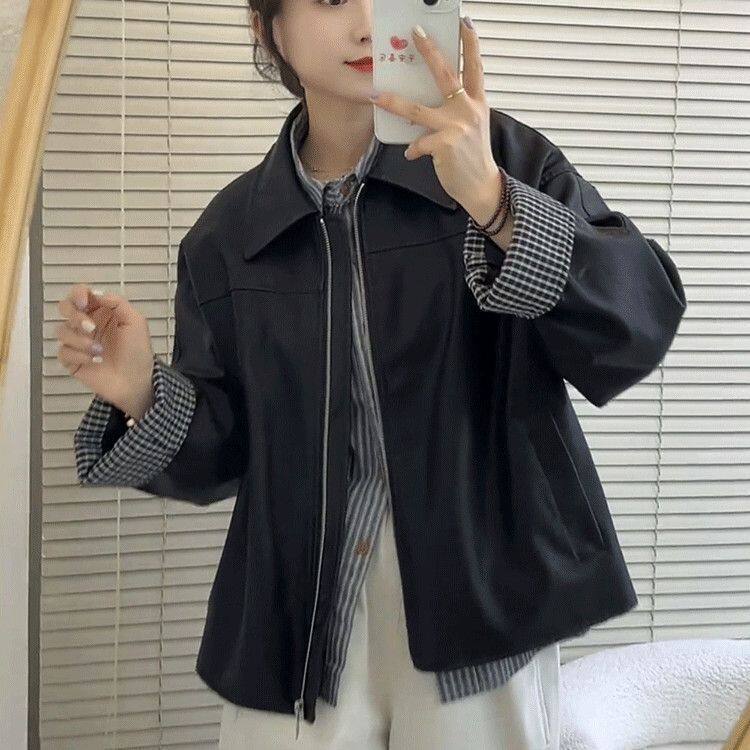 高级感拼接格子翻领黑色皮衣外套女春季新款休闲百搭PU皮夹克上衣