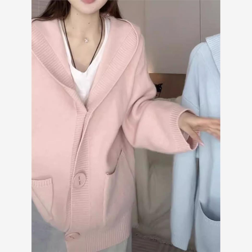 高级感连帽针织开衫秋冬新款学院风韩系宽松慵懒风毛衣外套女上衣