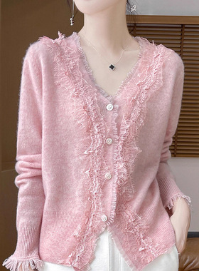重工时尚减龄洋气开衫女V领内搭蕾丝花边上衣秋季韩版针织衫外套