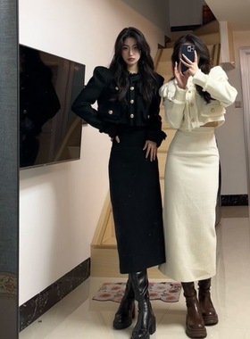 秋冬新款时尚套装女小香风气质名媛短款西装外套女显瘦开叉长裙子