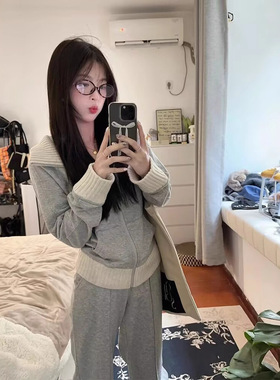 秋季新款高级感小香风休闲拼色外套阔腿裤时尚女装洋气潮两件套