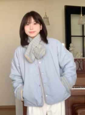 双面穿条纹摇粒绒棉服外套女2025冬季新款加厚保暖小个子棉服上衣