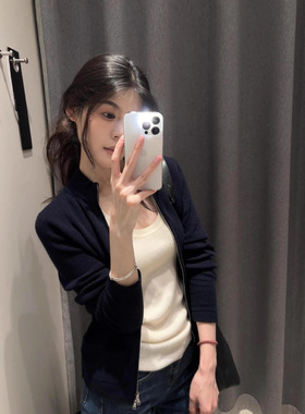 美式复古立领拉链早秋季开衫毛衣外套女休闲慵懒风外搭针织衫上衣