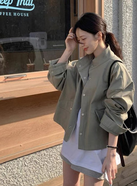 韩国chic秋季复古帅气翻领拉链设计宽松百搭长袖机车服上衣外套