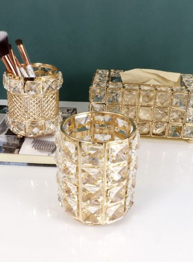 北欧轻奢风镀金铁艺笔筒卧室化妆桌面G化妆笔首饰收纳筒纸巾盒整