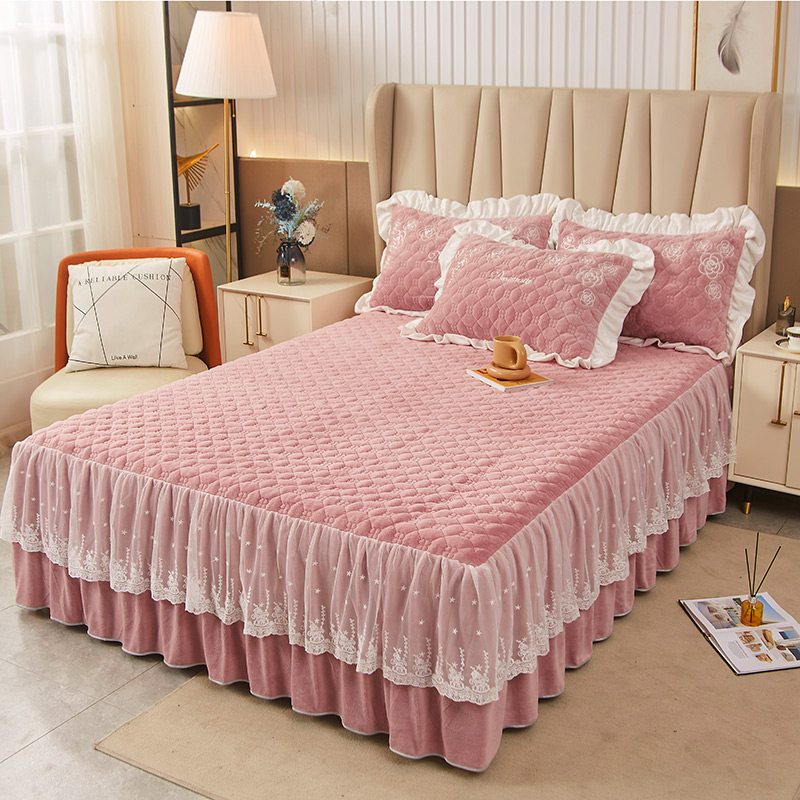 A类保暖夹棉短毛牛奶绒纯色床裙冬季加棉席K梦思床套2022新款床罩