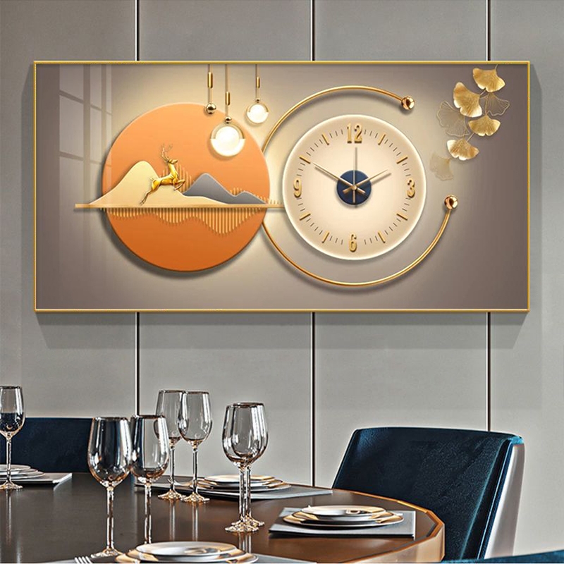 餐厅装饰画时钟2021q新款钟表饭厅背景墙面挂画带挂钟厨房壁画客
